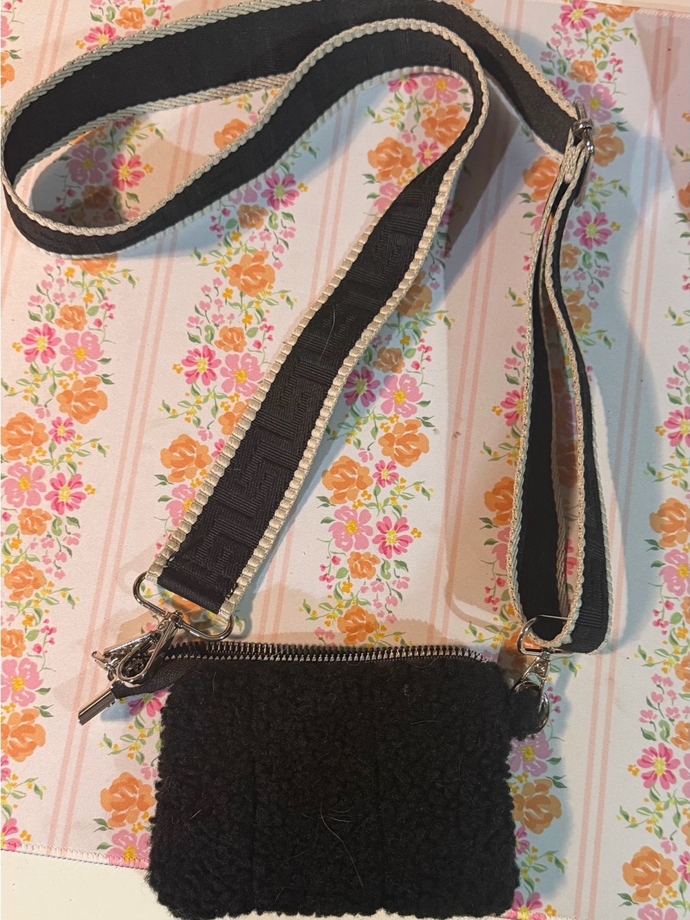 Black Sherpa Crossbody Bag with Wide Strap